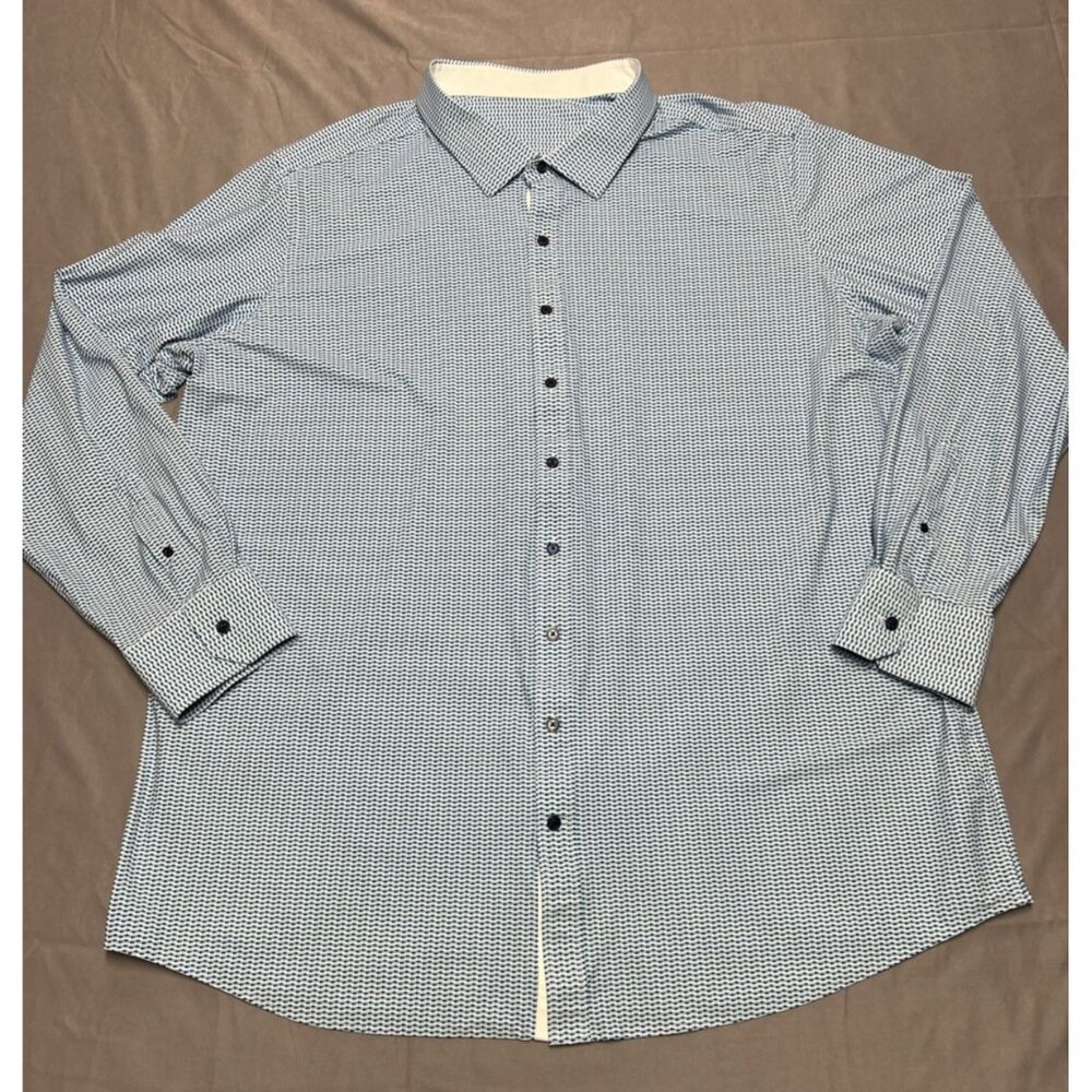 J Hilburn Geometric Blue/White Men's Size 3XL Casual Long Sleeve Button Down